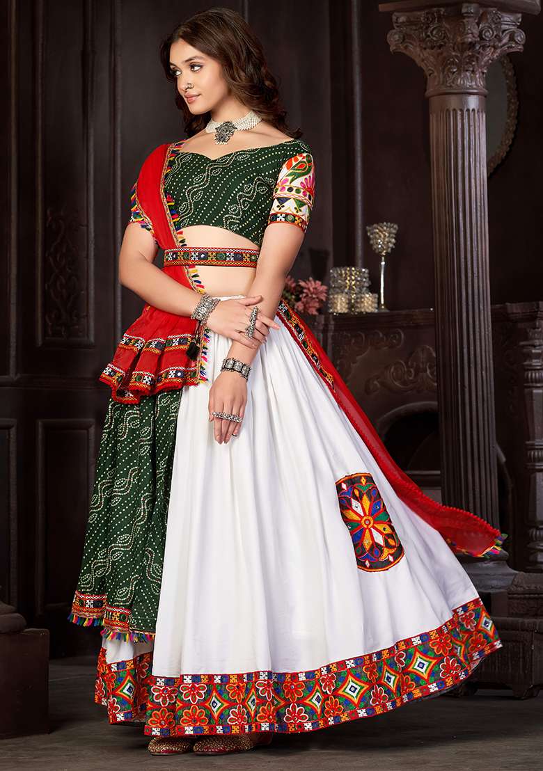 White Embroidererd Crepe Chaniya Choli Set For Navratri And Garba for Diwali | Wedding & Festive Wear - Indya