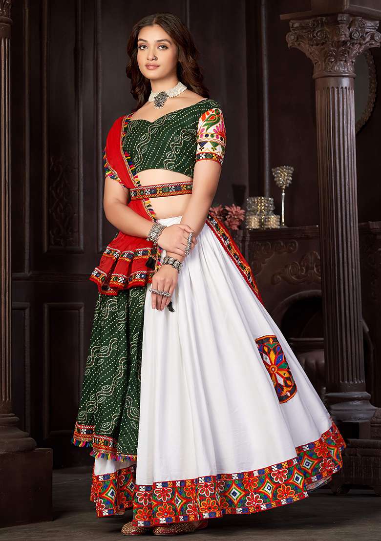 White Embroidererd Crepe Chaniya Choli Set For Navratri And Garba for Diwali | Wedding & Festive Wear - Indya
