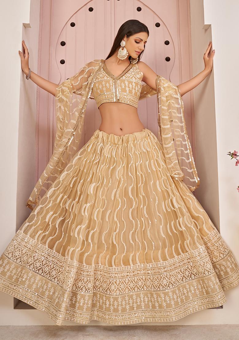 Beige Thread Embroidered Net Lehenga Set - Indya
