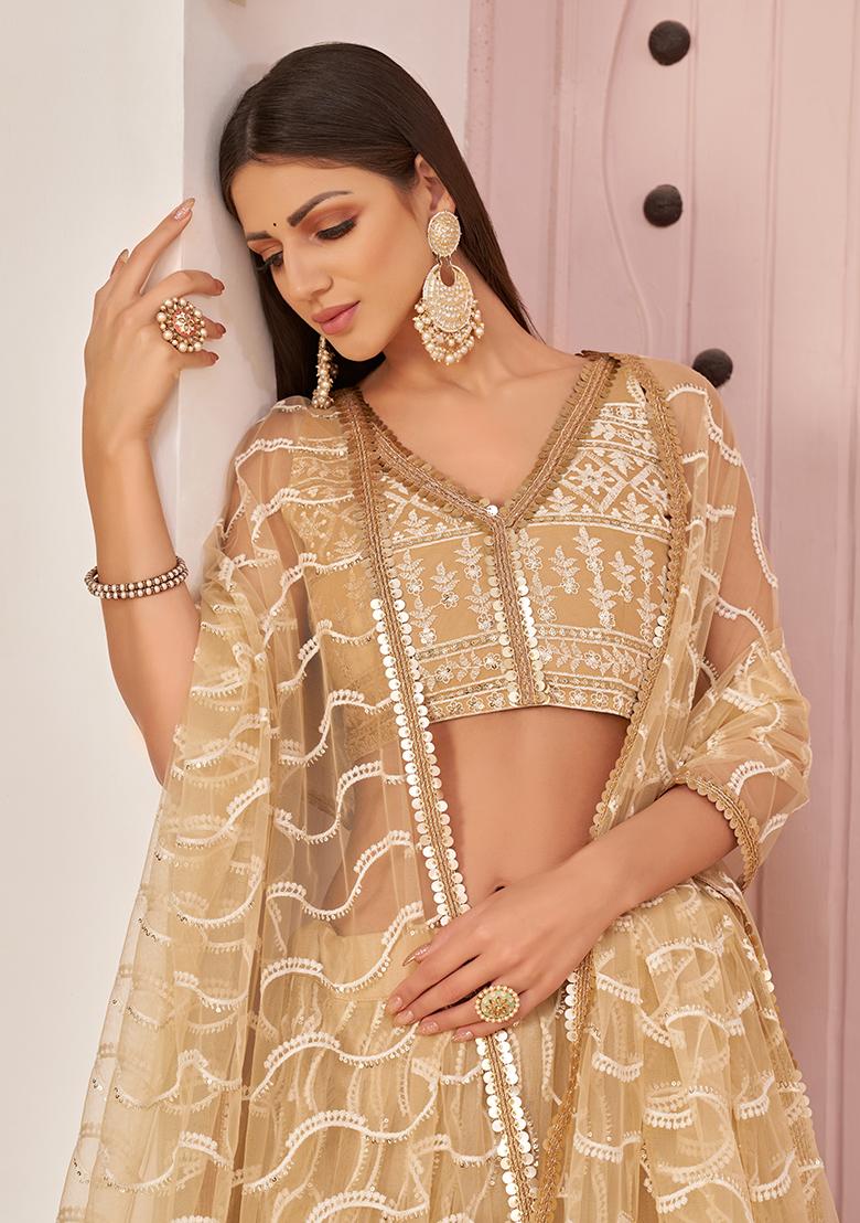 Beige Thread Embroidered Net Lehenga Set - Indya