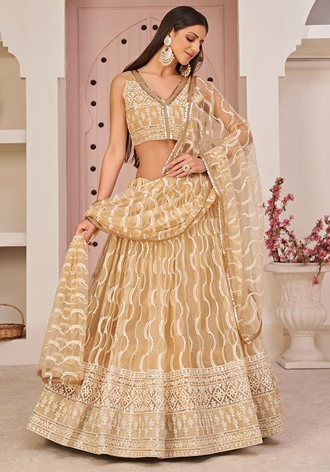 Beige Thread Embroidered Net Lehenga Set