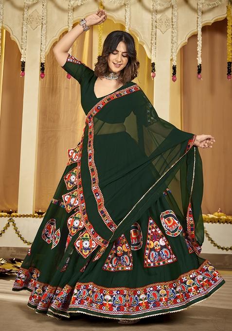 Green Embroidererd Georgette Lehenga Set With Dupatta