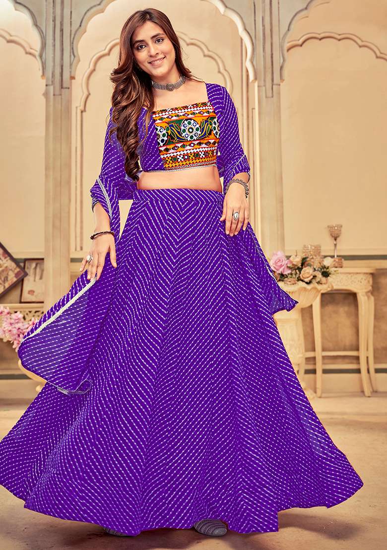 Purple Embroidererd Georgette Chaniya Choli Set For Navratri And Garba for Diwali and Festive Wear - Indya