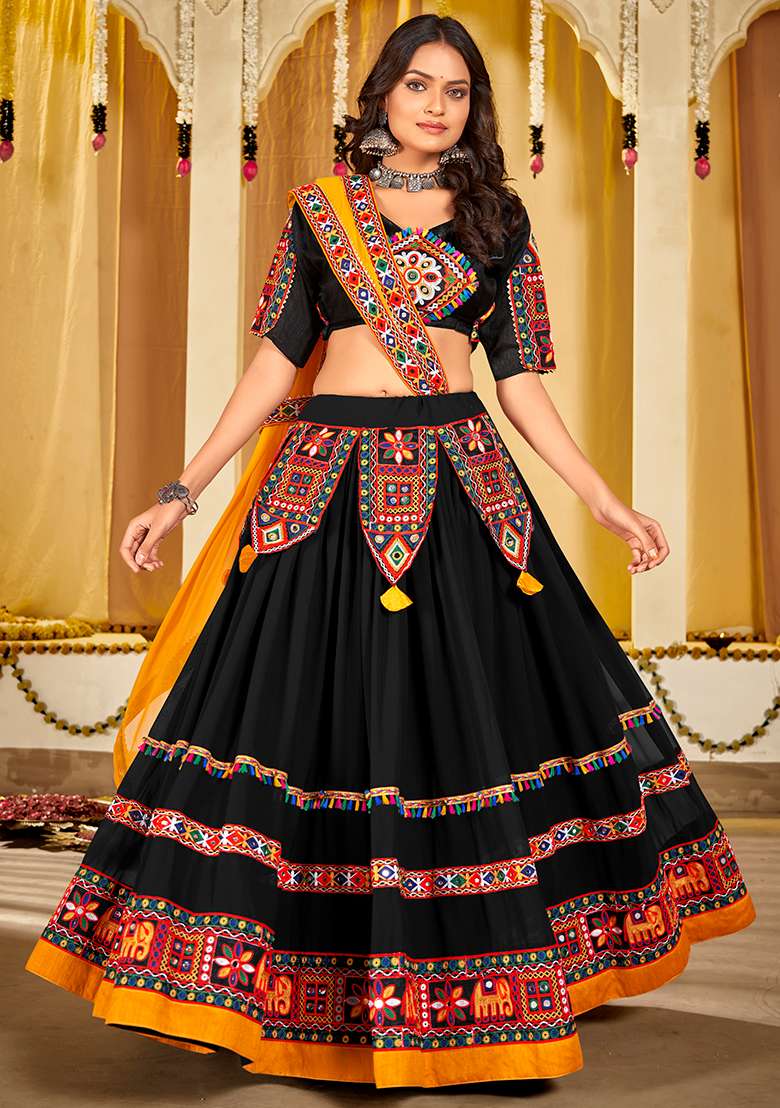 Black Embroidererd Georgette Chaniya Choli Set For Navratri And Garba for Diwali | Wedding & Festive Wear - Indya
