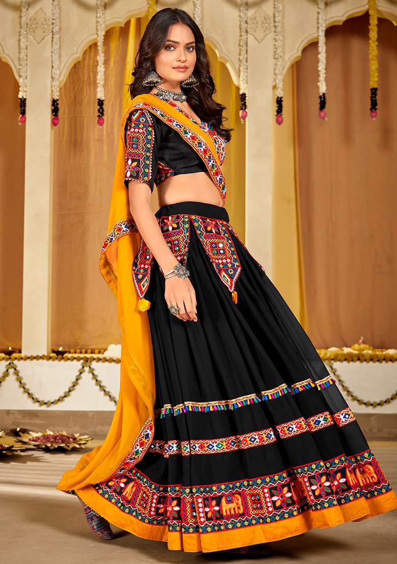 Black Embroidererd Georgette Chaniya Choli Set For Navratri And Garba for Diwali | Wedding & Festive Wear - Indya