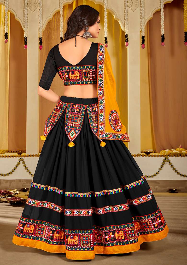 Black Embroidererd Georgette Chaniya Choli Set For Navratri And Garba for Diwali | Wedding & Festive Wear - Indya