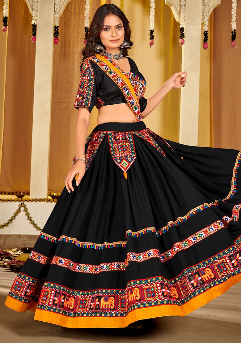 Black Embroidererd Georgette Chaniya Choli Set For Navratri And Garba for Diwali | Wedding & Festive Wear - Indya