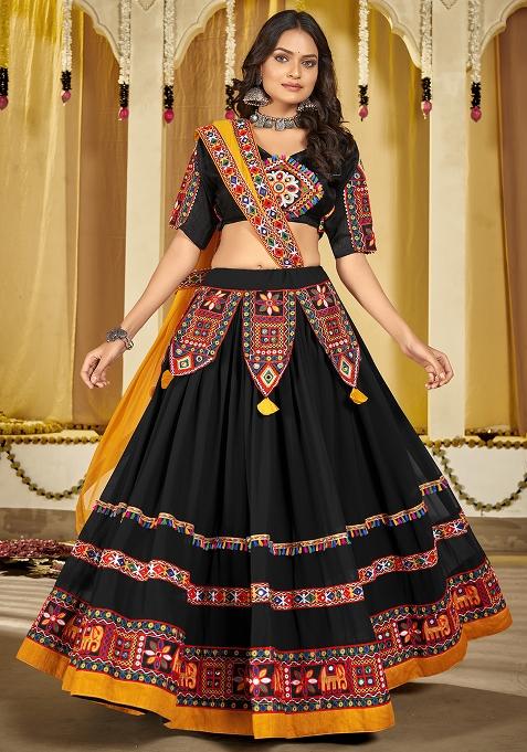 Black Embroidererd Georgette Lehenga Set With Dupatta — view on Indya