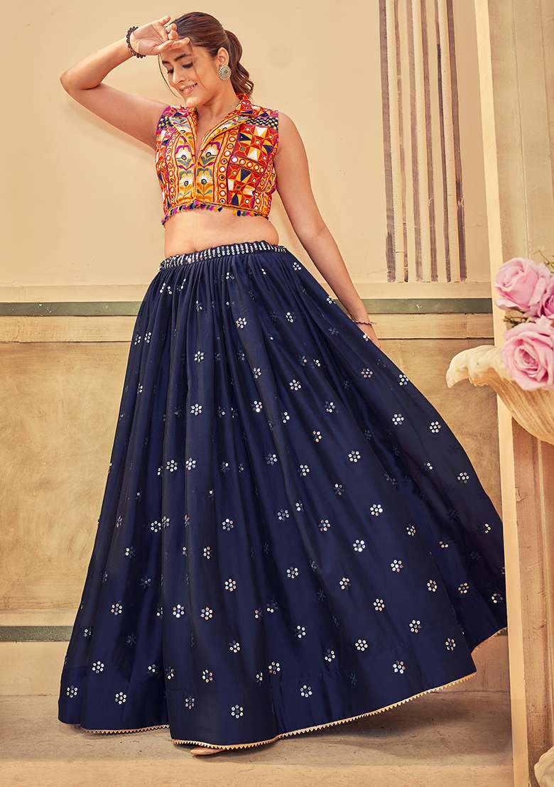 Blue Embroidererd Rangoli Silk Blend Chaniya Choli Set For Navratri And Garba for Diwali and Festive Wear - Indya
