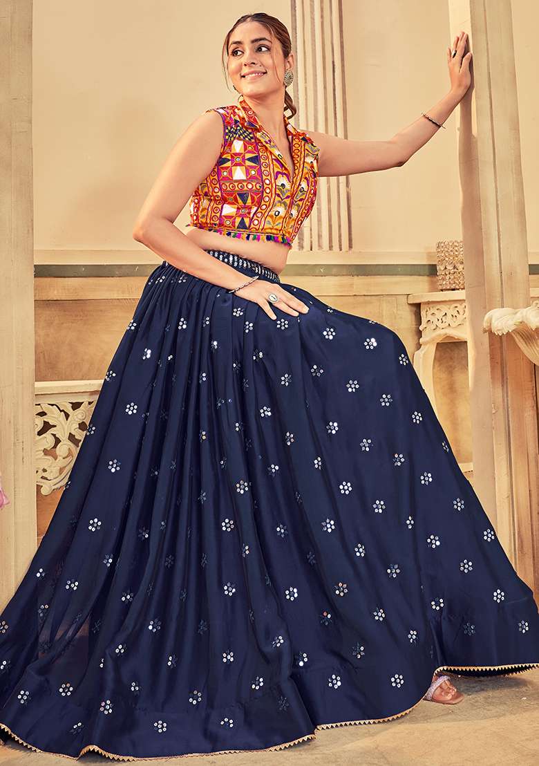 Blue Embroidererd Rangoli Silk Blend Chaniya Choli Set For Navratri And Garba for Diwali and Festive Wear - Indya