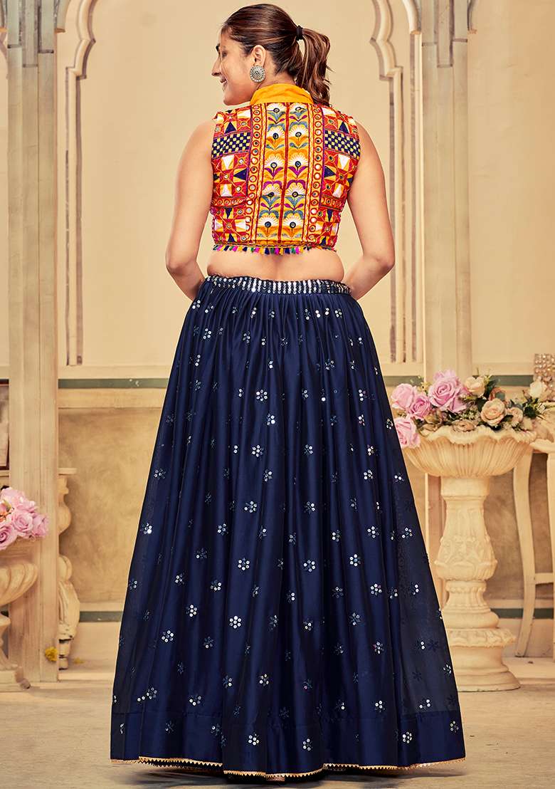 Blue Embroidererd Rangoli Silk Blend Chaniya Choli Set For Navratri And Garba for Diwali and Festive Wear - Indya