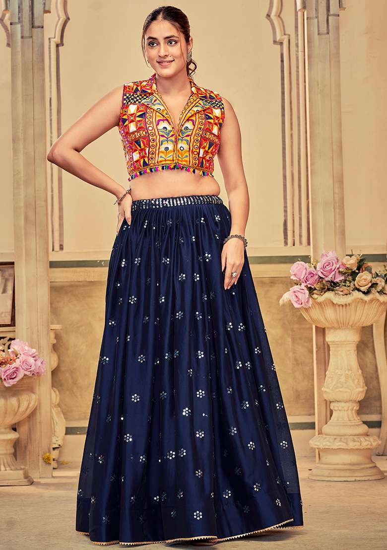 Blue Embroidererd Rangoli Silk Blend Chaniya Choli Set For Navratri And Garba for Diwali and Festive Wear - Indya