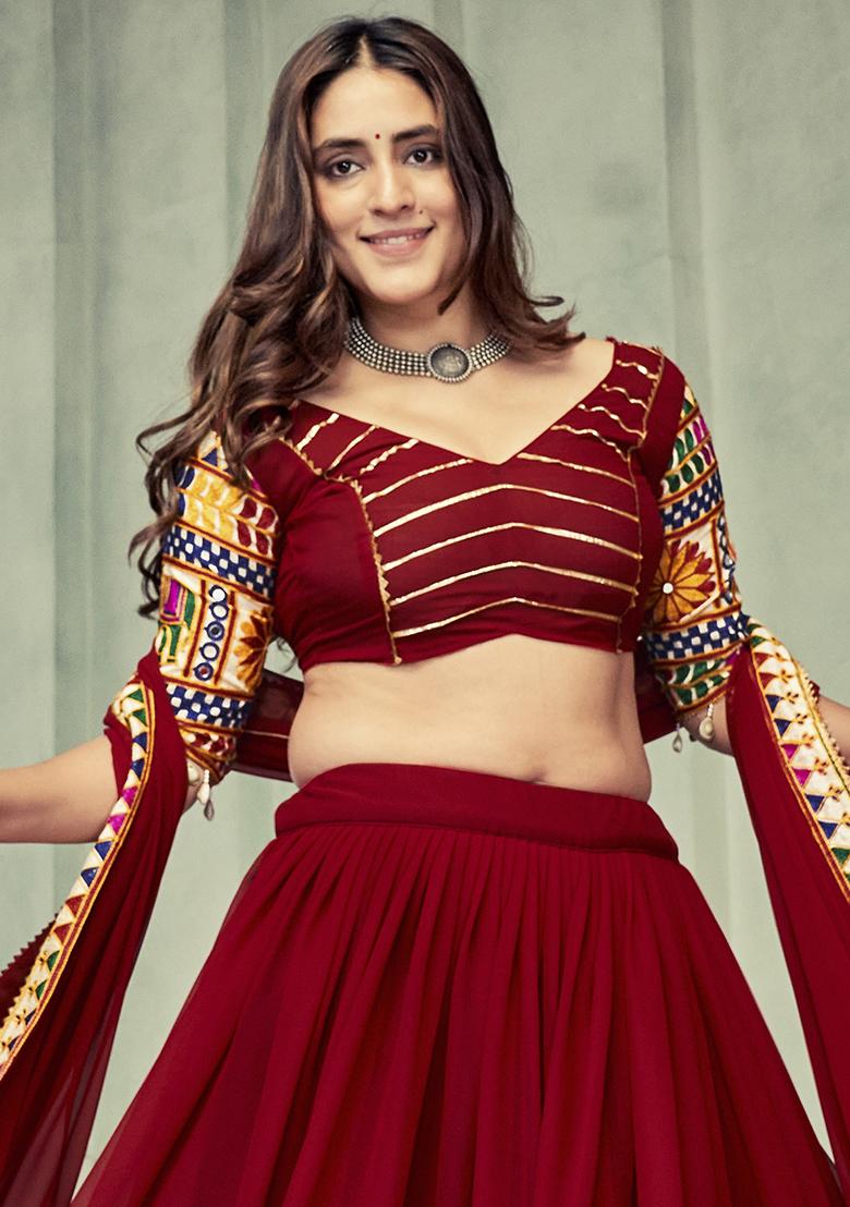 Dark Maroon Embroidererd Georgette Lehenga Set With Dupatta