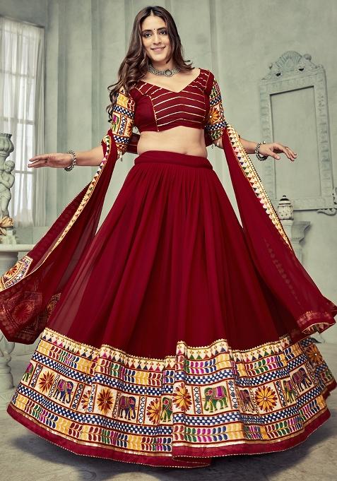 Dark Maroon Embroidererd Georgette Lehenga Set With Dupatta