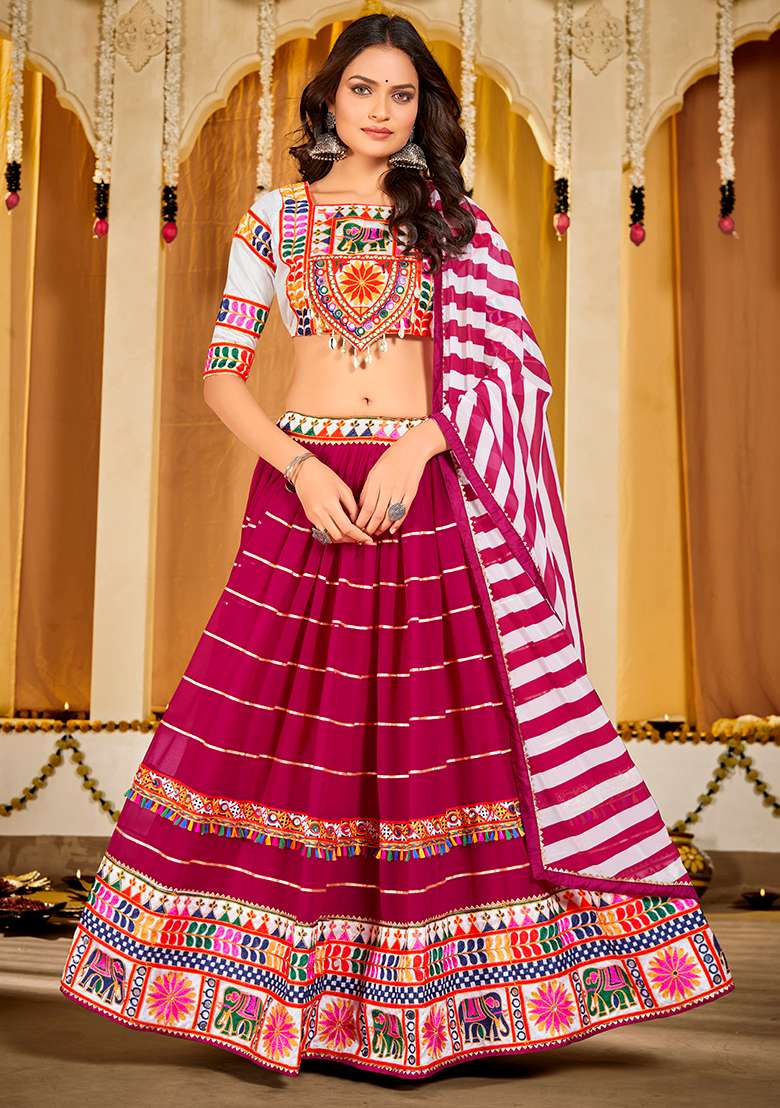 Pink Embroidererd Georgette Chaniya Choli Set For Navratri And Garba for Diwali and Festive Wear - Indya