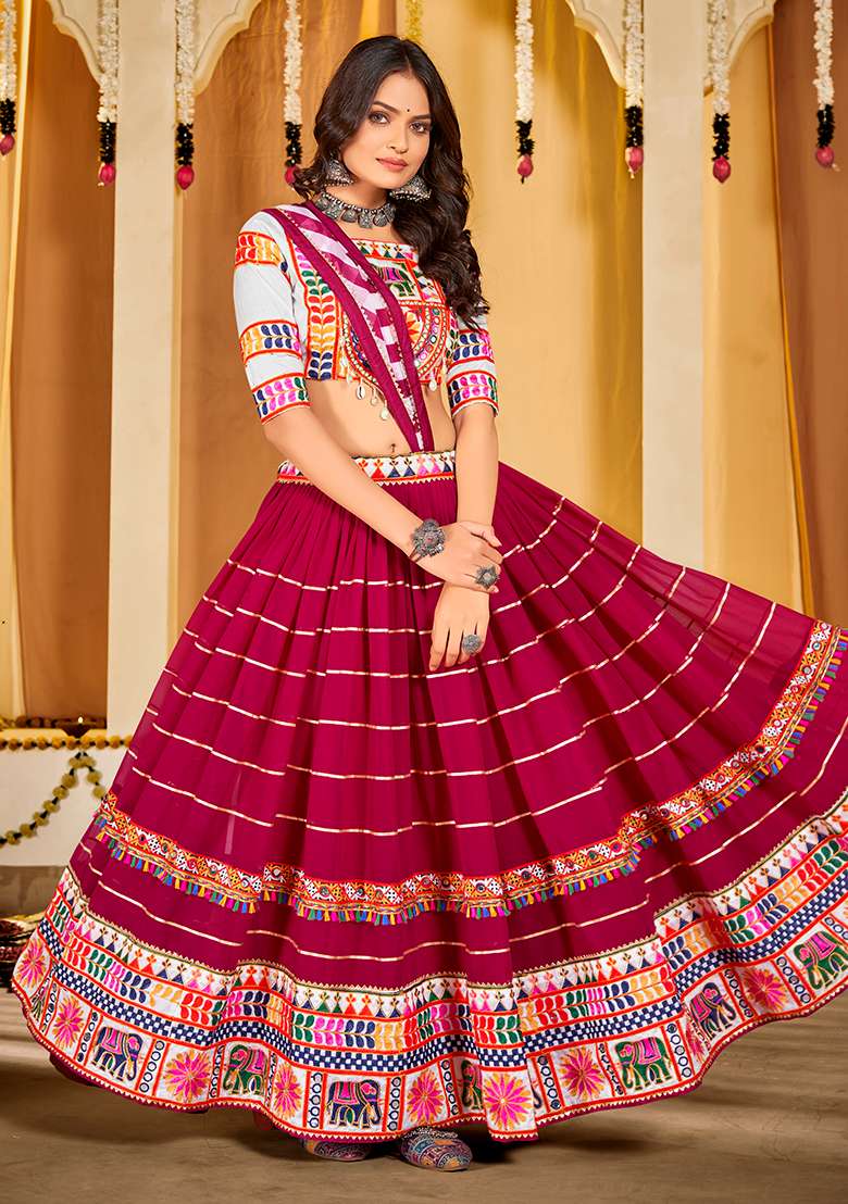 Pink Embroidererd Georgette Chaniya Choli Set For Navratri And Garba for Diwali and Festive Wear - Indya