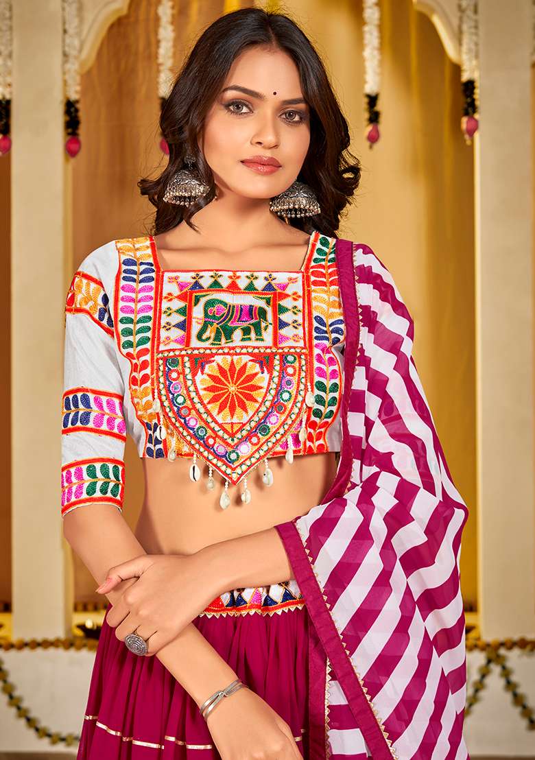 Pink Embroidererd Georgette Chaniya Choli Set For Navratri And Garba for Diwali and Festive Wear - Indya
