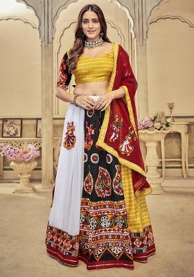 White And Yellow Embroidererd Georgette Lehenga Set With Dupatta