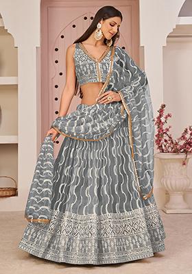 Grey Thread Embroidered Net Lehenga Set