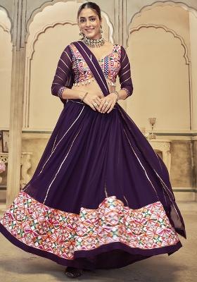 Purple Embroidererd Georgette Lehenga Set With Dupatta
