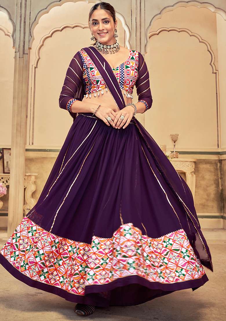 Purple Embroidererd Georgette Chaniya Choli Set For Navratri And Garba for Diwali and Festive Wear - Indya