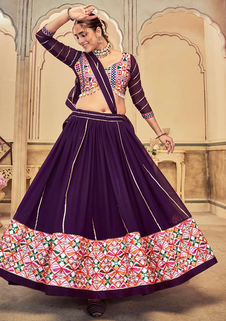 Purple Embroidererd Georgette Chaniya Choli Set For Navratri And Garba for Diwali and Festive Wear - Indya