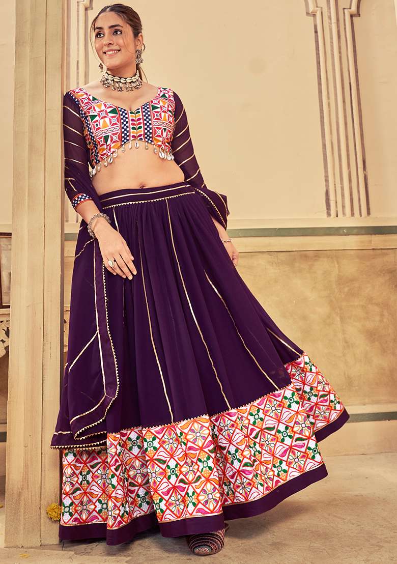 Purple Embroidererd Georgette Chaniya Choli Set For Navratri And Garba for Diwali and Festive Wear - Indya