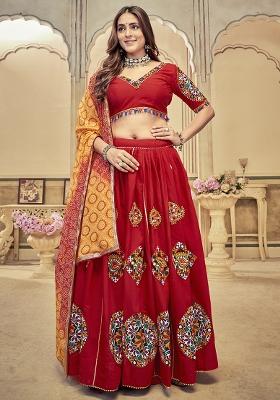 Maroon Embroidererd Cotton Silk Lehenga Set With Dupatta