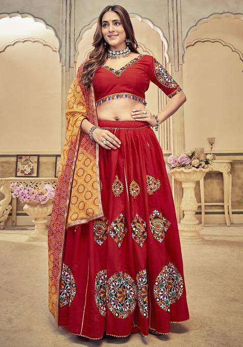 Maroon Embroidererd Cotton Silk Lehenga Set With Dupatta