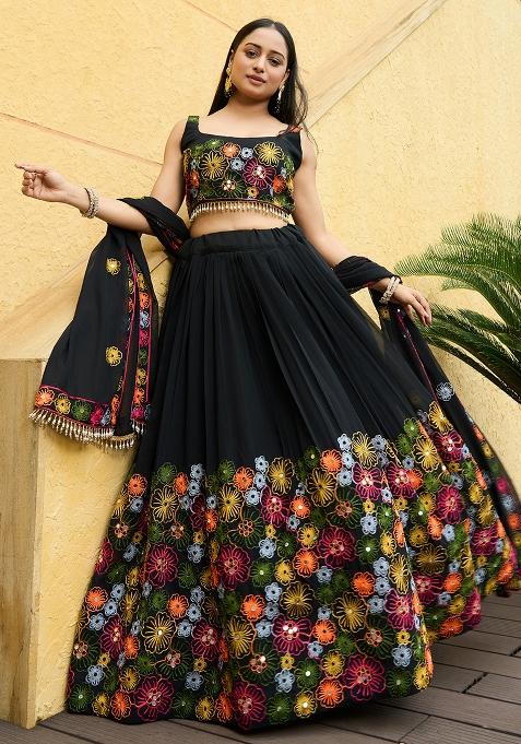 Black Embroidererd Georgette Lehenga Set With Dupatta — view on Indya