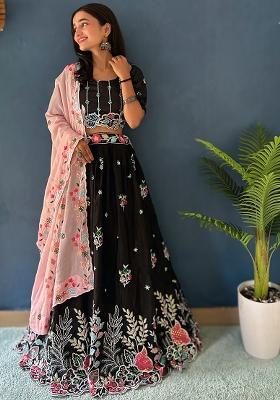 Black Thread Work Silk Lehenga Set With Dupatta