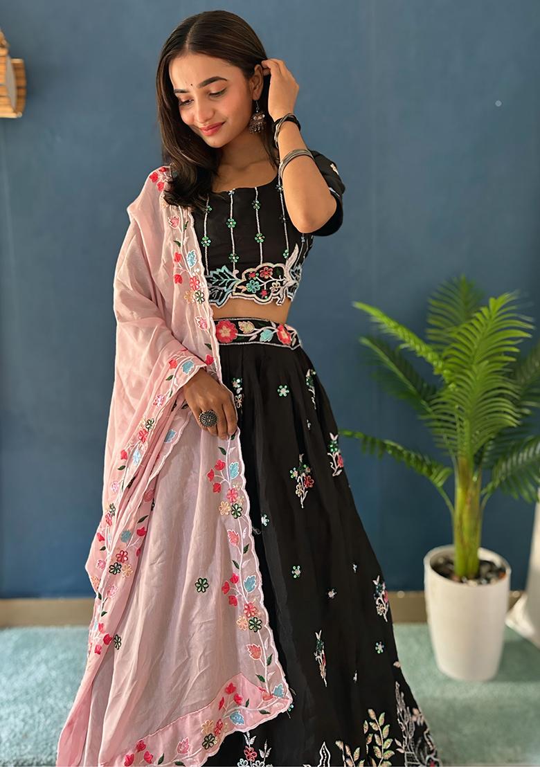 Black Thread Work Silk Lehenga Set With Dupatta