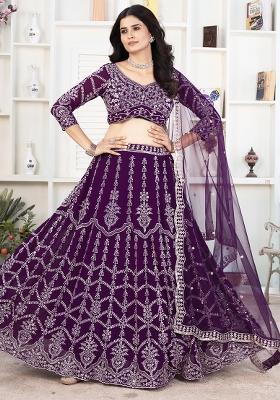 Purple Embroidered Georgette Lehenga Set With Dupatta