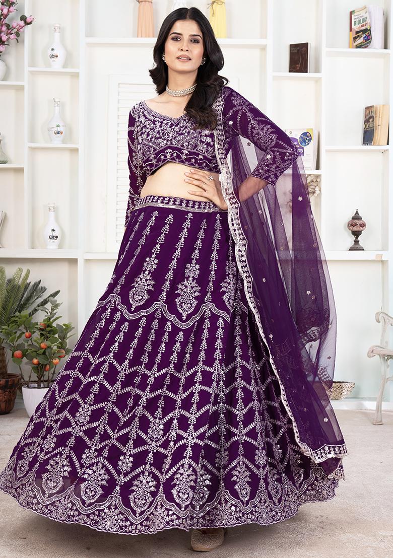 Purple Embroidered Georgette Lehenga Set With Dupatta