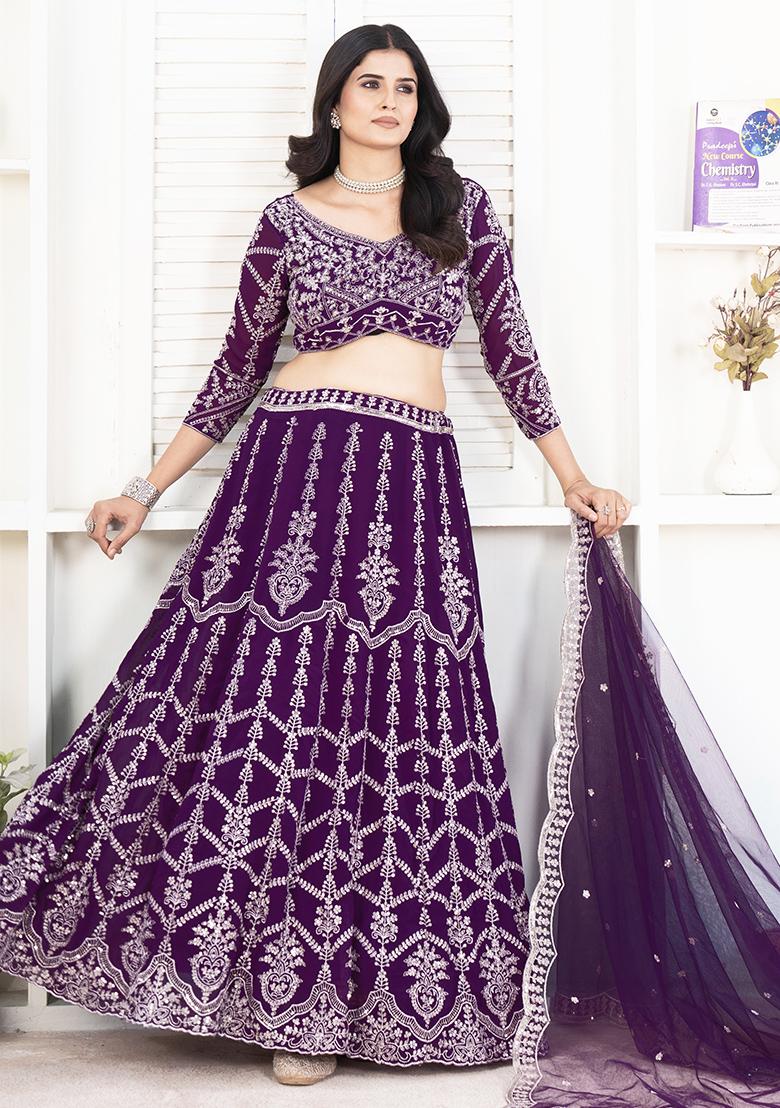 Purple Embroidered Georgette Lehenga Set With Dupatta