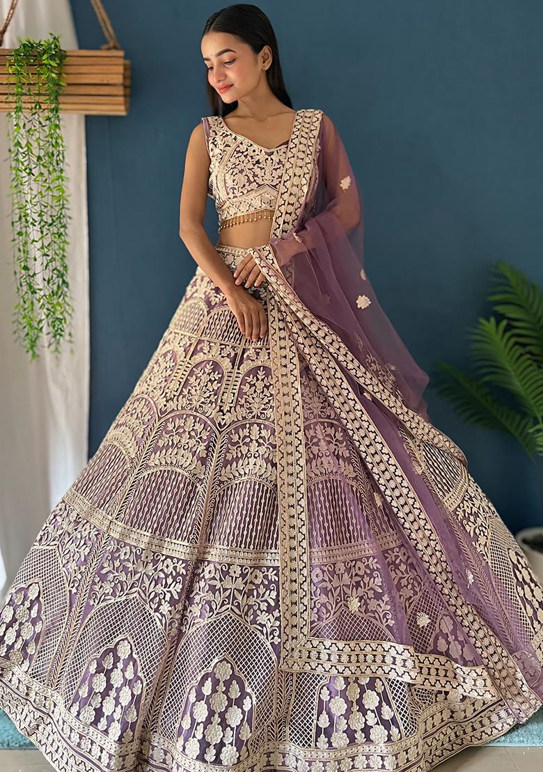 Purple Embroidered Net Lehenga Set With Dupatta