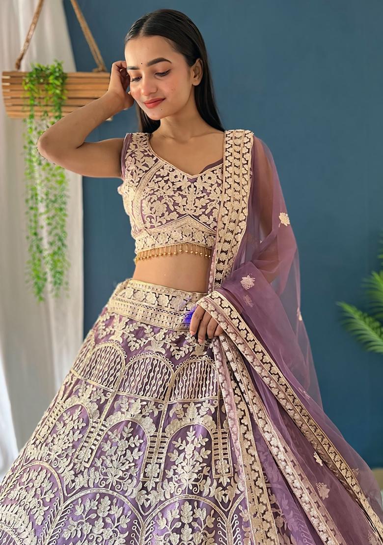 Purple Embroidered Net Lehenga Set With Dupatta