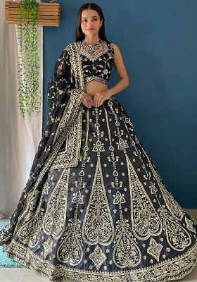 Black Embroidered Silk Lehenga Set With Dupatta