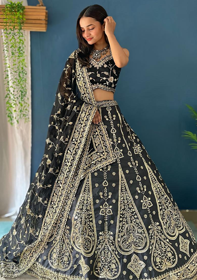 Black Embroidered Silk Lehenga Set With Dupatta