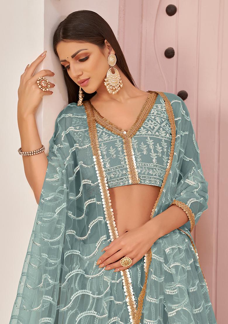 Ocean Blue Thread Embroidered Net Lehenga Set