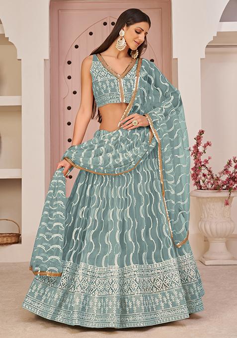Ocean Blue Thread Embroidered Net Lehenga Set