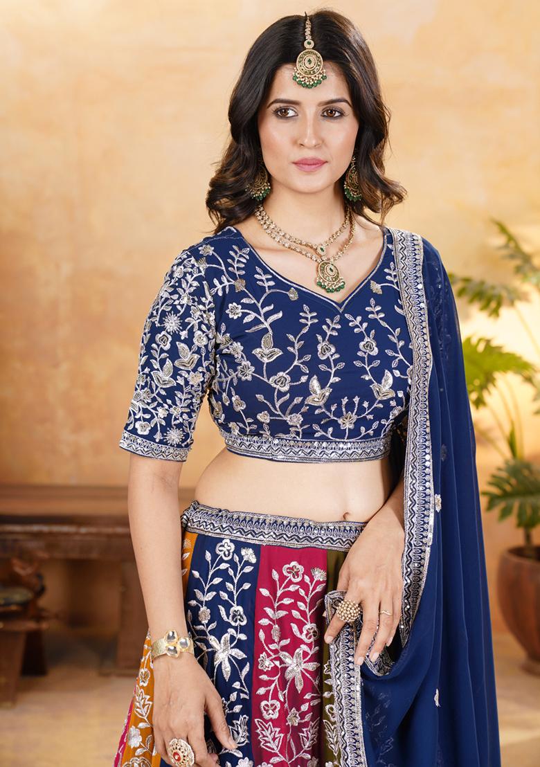 Multicolor Embroidered Georgette Lehenga Set With Dupatta