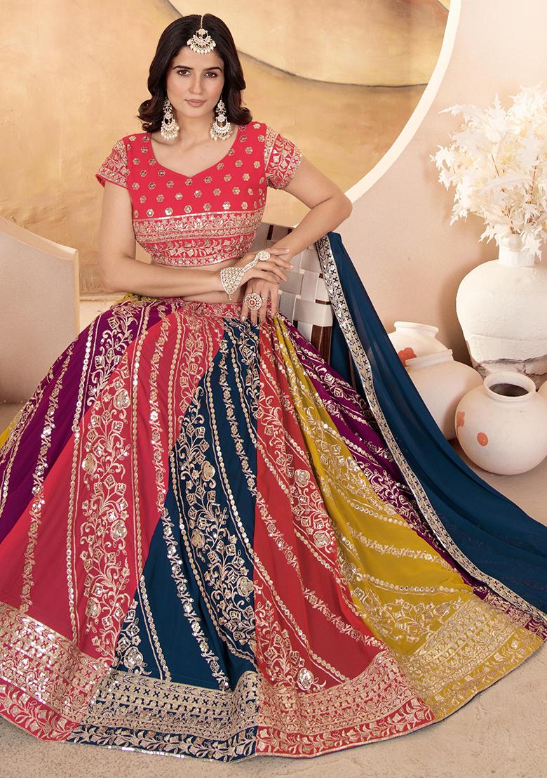 Multicolor Embroidered Georgette Lehenga Set With Dupatta