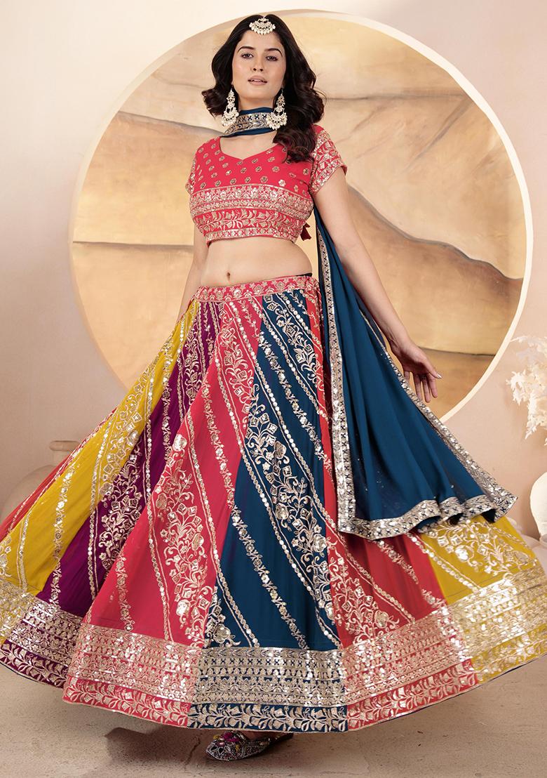 Multicolor Embroidered Georgette Lehenga Set With Dupatta