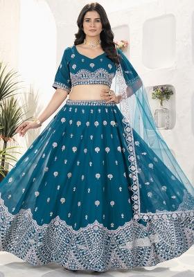 Morpich Blue Embroidered Georgette Lehenga Set With Dupatta