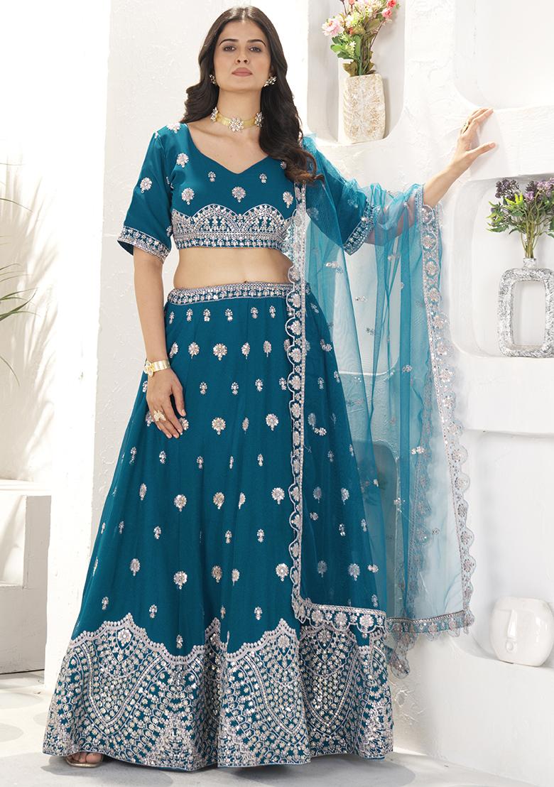 Morpich Blue Embroidered Georgette Lehenga Set With Dupatta