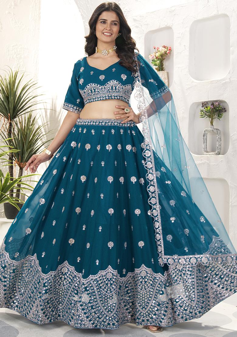 Morpich Blue Embroidered Georgette Lehenga Set With Dupatta