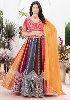 Multicolor Embroidered Georgette Lehenga Set With Dupatta