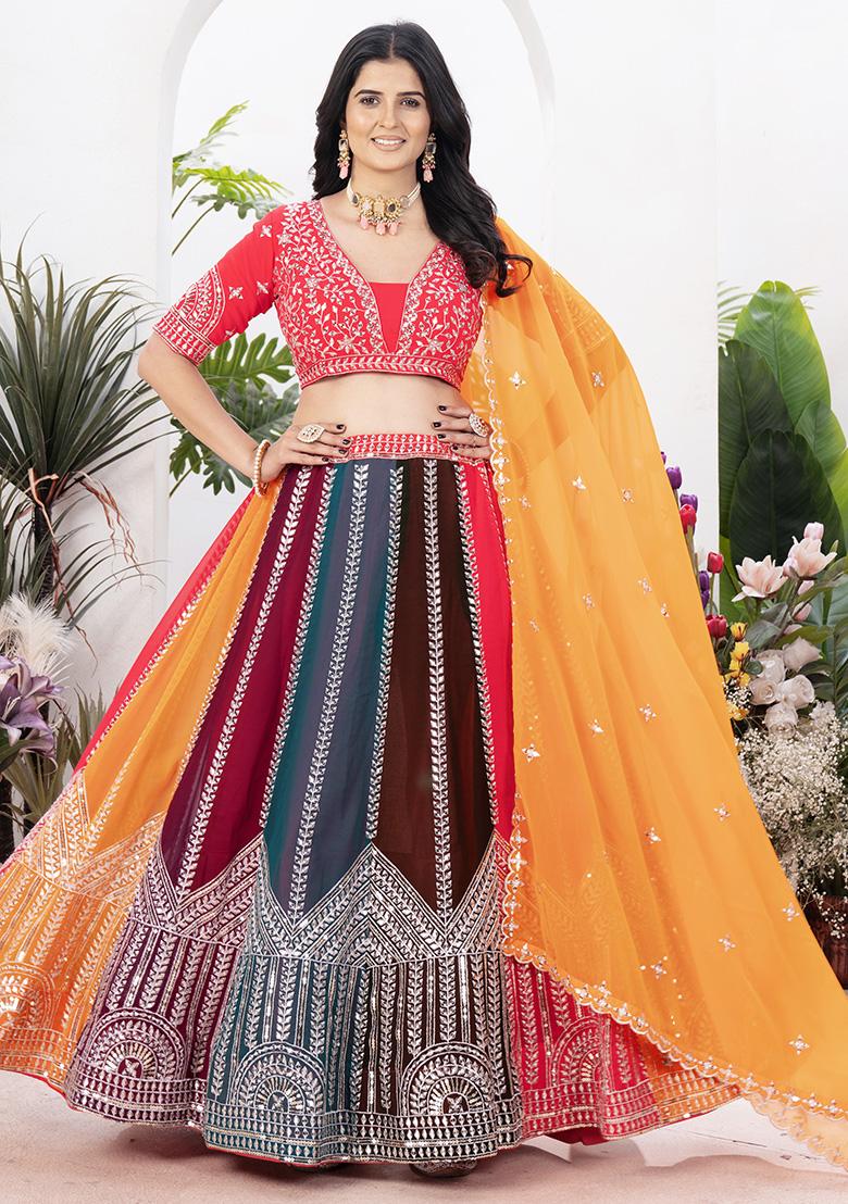 Multicolor Embroidered Georgette Lehenga Set With Dupatta