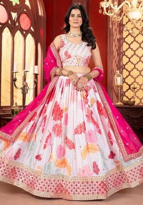 White Embroidered Chinnon Lehenga Set With Dupatta